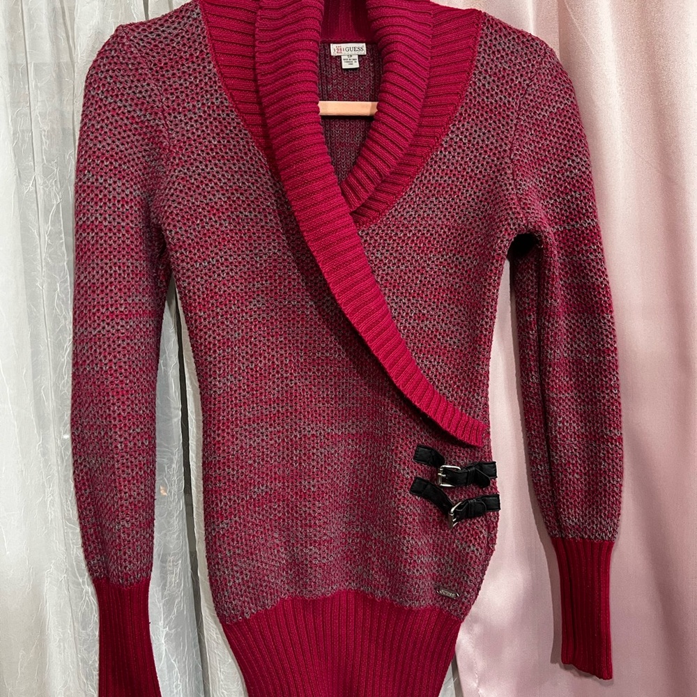 Guess Women's V-Neck Sweater in Red with Black Accents